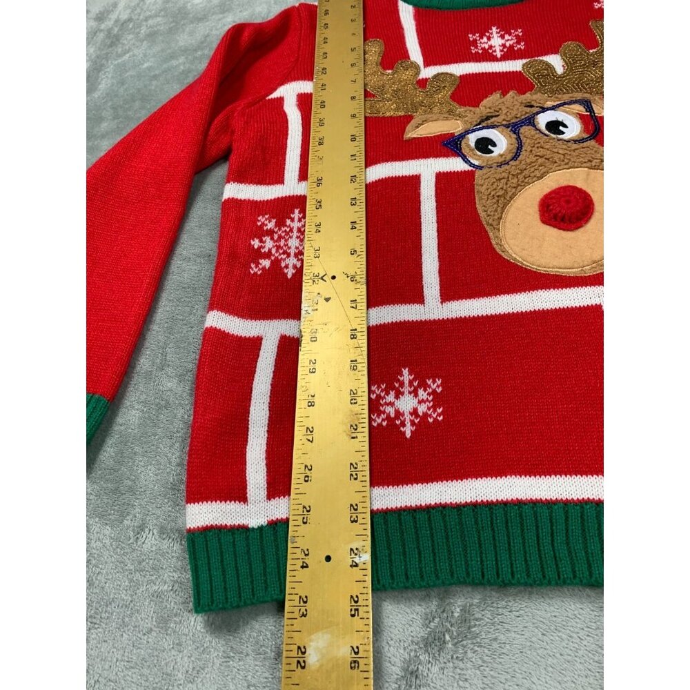Christmas Reindeer Sweater Boys Large 10-12 Red Green Snowflake Holiday Time Cut - Picture 6 of 11